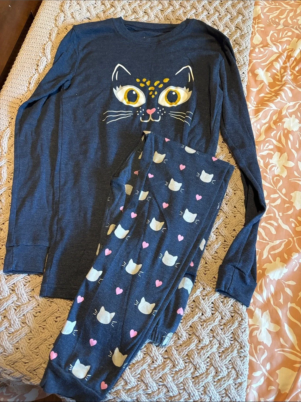 Girls' Navy Cat Face Long-Sleeve Pajama Set